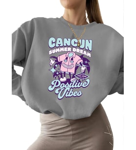 unisex Sweatshirt kadın 3 iplik şardonlu bisiklet yaka erkek Sweatshirt kalın Cancun pozitif (Gri)