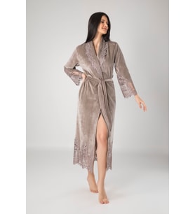 Nuşa dantelli Bambo Cotton Bayan Sabahlık Bornoz (Bej)