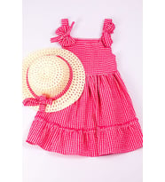 KIZ ÇOCUK ŞAPKALI ELBİSE KARELİ FİYONKLU B33 (Pembe)