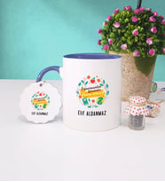 Öğretmenler Günü Hediyesi Kupa Bardak ve Anahtarlık İsme Özel Hediye (Lacivert)