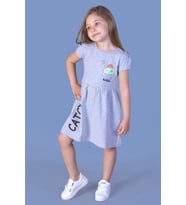 Toontoy Kız Çocuk Cebi Meow Nakışlı Taş İşlemeli Baskılı Elbise ( Gri-Melanj)
