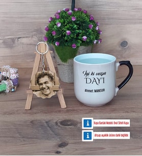 Dayıya Hediye Kupa Bardak Beyaz ve Fotoğraflı Ahşap Anahtarlık Hediye (Model 10)