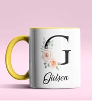 Kişiye Özel G Harfi Temalı Gül Tasarım Siyah Renk Kupa (Sarı)