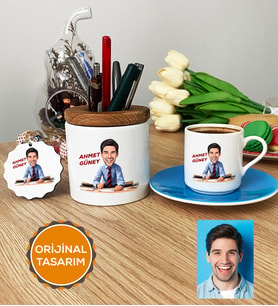 Bankacı Hediye Seti Türk Kahvesi Fincanı, Kalemlik, Anahtarlık Erkek Bankacıya Hediye (Mavi)