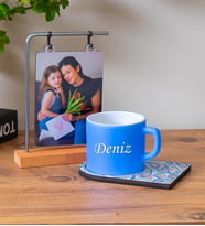 Ahşap Standlı Fotoğraflı Çerçeve & Kişiye Özel Ahşap Sunumlu Çay & Nescafe Fincanı (Mavi)