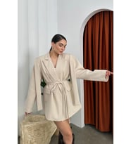 Kadın Oversize Blazer Ceket Kuşaklı Omuz Detaylı (Bej)