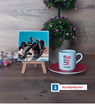 Arkadaşa Hediye Fotoğraflı Dekoratif Taş, Ahşap Altlıklı Türk Kahvesi Fincanı Hediye (Model 3)