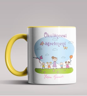 Kişiye Özel Okul Öncesi Öğretmeni Tasarımlı Siyah Renk Kupa 5 (Sarı)