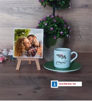 Eşe Hediye Mrs Fotoğraflı Dekoratif Taş, Ahşap Altlıklı Türk Kahvesi Fincanı Hediye Yıl Dönümü Hediyesi (Model 9)