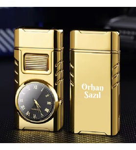 Kişiye Özel İsim Baskılı Metal Rüzgar Geçirmez Saatli Gazlı Tasarım Çakmak (Gold)