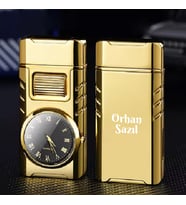 Kişiye Özel İsim Baskılı Metal Rüzgar Geçirmez Saatli Gazlı Tasarım Çakmak (Gold)