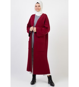 Kadın Kışlık Kimono Kol Cepli V Yaka Hırka 4100 (Bordo)