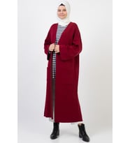 Kadın Kışlık Kimono Kol Cepli V Yaka Hırka 4100 (Bordo)