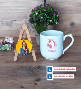 Unicorn Kupa Bardak Beyaz ve Fotoğraflı Ahşap Anahtarlık Hediye (Model 5)