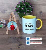 Uykucu Panda Kupa Bardak Beyaz ve Fotoğraflı Ahşap Anahtarlık Hediye (Model 7)