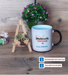 Matematik Öğretmeni Kupa Bardak Beyaz ve Fotoğraflı Ahşap Anahtarlık Hediye Öğretmenler Günü Hediyesi (Model 9)