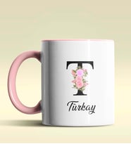 Kişiye Özel T Harfi Temalı Çiçekli Tasarım Siyah Renk Kupa (Pembe)