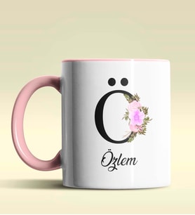 Kişiye Özel Ö Harfi Temalı Çiçekli Tasarım Siyah Renk Kupa (Pembe)