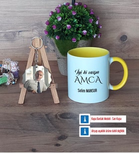 Amcaya Hediye Kupa Bardak Beyaz ve Fotoğraflı Ahşap Anahtarlık Hediye (Model 7)