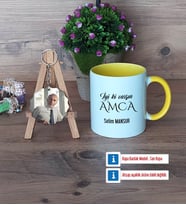 Amcaya Hediye Kupa Bardak Beyaz ve Fotoğraflı Ahşap Anahtarlık Hediye (Model 7)