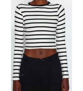 Moda Bisiklet Yaka Örme Slim Çizgili Desen Casual Günlük Crop Uzun Kol Bluz (Siyah)