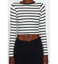 Moda Bisiklet Yaka Örme Slim Çizgili Desen Casual Günlük Crop Uzun Kol Bluz (Siyah)