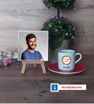 Yılbaşı Hediyesi Fotoğraflı Dekoratif Taş, Ahşap Altlıklı Türk Kahvesi Fincanı Hediye (Model 3)