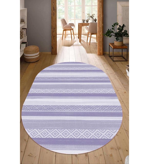 Dijital Baskılı Kaymaz Taban Yıkanabilir Oval Salon Halısı Mutfak Halısı Yolluk NDO-HT-1002 (Mor)