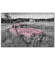 Cakapuzzle Siyah Beyaz Çayırlardaki Eski Kırmızı Araba  Puzzle Yapboz MDF (Ahşap) (255 Parça)