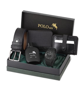 Polo Air Erkek Kol Saati Parfüm Cüzdan Kemer Kartlık Kombin Set PL-0905E (Siyah)