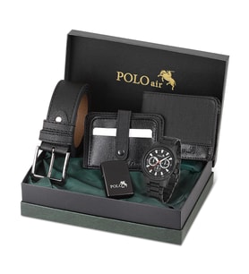 Polo air Kutulu Erkek Saat Spor Çakmak Kemer Cüzdan Kartlık Seti PL-0702E (Siyah)