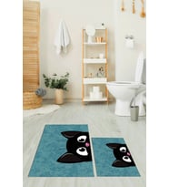 EVDEYA Baskılı Yıkanabilir Kedi Desenli İkili Banyo Halısı Paspas Klozet Takımı, KLOZET-40-GRİ, (Mavi)