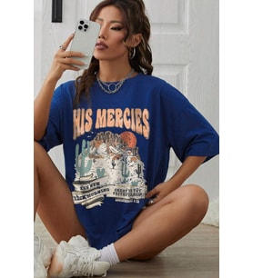 Unisex His Mercies Baskılı Oversize Tshirt (Mavi)