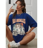 Unisex His Mercies Baskılı Oversize Tshirt (Mavi)