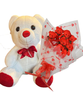 SOLE Anneler  Gününe ÖZEL:  Sevimli 35 cm Peluş Ayı ile Premium Yumoş Kırmızı Peluş Ayıcık Buketi (Beyaz)
