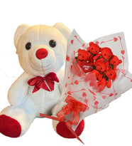 SOLE Anneler  Gününe ÖZEL:  Sevimli 35 cm Peluş Ayı ile Premium Yumoş Kırmızı Peluş Ayıcık Buketi (Beyaz)