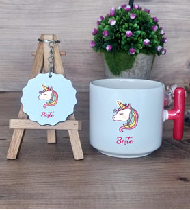 Unicorn Hediye Seti Kupa Bardak T Kulplu ve Anahtarlık Kardeşe Sevgiliye Arkadaşa Hediye (Model 1)