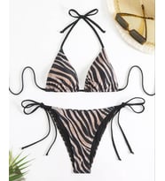 AMOR FACE ÖZEL TASARIM DANS EDEN ÇİZGİLER BASKILI BRAZİLİAN BEACH CLUB SEXY KADIN BİKİNİ TAKIMI (Bej)