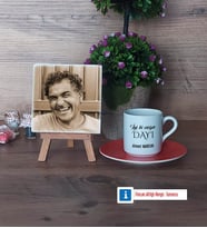 Dayıya Hediye Fotoğraflı Dekoratif Taş, Ahşap Altlıklı Türk Kahvesi Fincanı Hediye (Model 8)