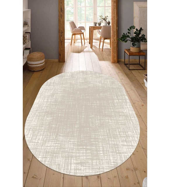 Dijital Baskılı Kaymaz Taban Yıkanabilir Oval Salon Halısı Mutfak Halısı Yolluk NDO-HS-180 (Bej)