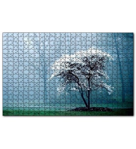 Cakapuzzle Beyaz Çiçekli Ağaç ve Arkada Sisli Orman Puzzle Yapboz MDF (Ahşap) (1000 Parça)