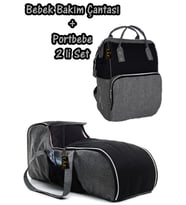 Portbebe Ana Kucağı Puset Bebek Taşıma + Anne Bebek Bakım Çantası 2 li Set (Siyah-Gri)