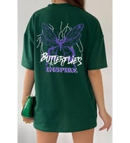 Unisex Butterfly & Letter Graphic Tasarım Tshirt (Yeşil)