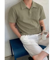Erkek Oversize Polo Yaka Waffle T-Shirt POLOYAKA-DÜĞMELİ (Haki-Yeşil)