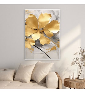 Altın Çiçek Desenli Tekli Metal Çerçeveli Tablo /S (Beyaz)