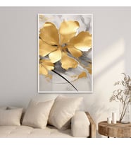 Altın Çiçek Desenli Tekli Metal Çerçeveli Tablo /S (Beyaz)