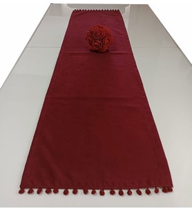 Alkanhomes Ponponlu Kadife Dokulu Dekoratif Runner (Bordo)