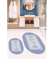 EVDEYA Dijital Baskılı Mozaik Desenli Bath Yazılı İkili Oval Banyo Paspası Klozet Takımı, OKLOZET-7-KAHVE, (Mavi)