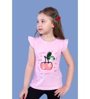 Toontoy Kız Çocuk Çevirmeli Pullu Kiraz Baskılı Tişört (Pembe)