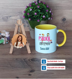 Psikoloji Öğretmeni Kupa Bardak Beyaz ve Fotoğraflı Ahşap Anahtarlık Hediye (Model 7)